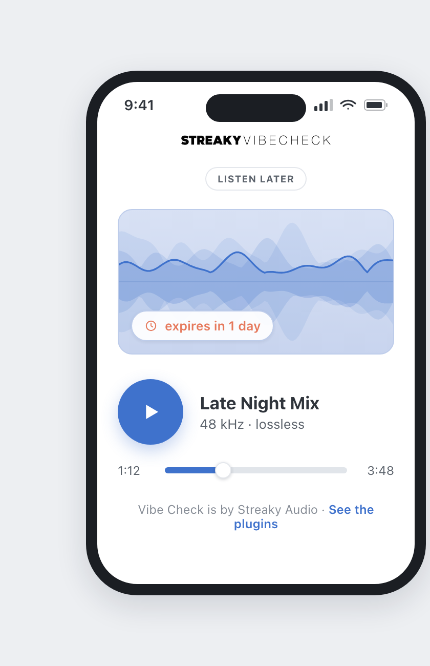 The Vibe Check iPhone app on a Listen Later link