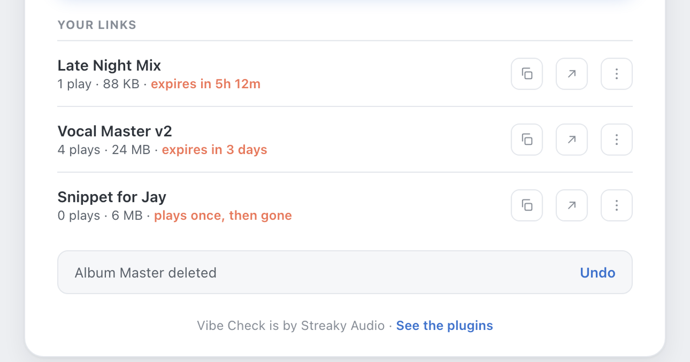 The studio links list, each link with its own expiry