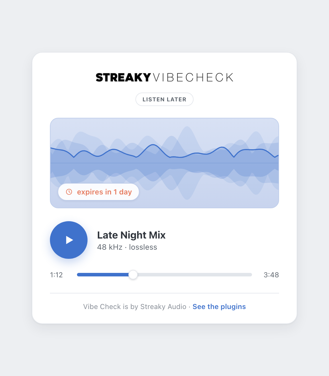 The Vibe Check Listen Later player in a browser